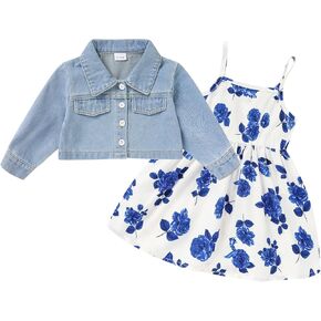 Baby Girls Floral Suspender Dress & Long-Sleeved Toddler Girl's Lovely Denim Jacket Outfit Cardigan Set
