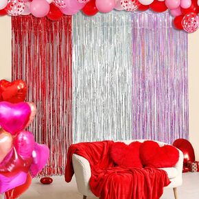 Foil Fringe Curtains - Party Streamers for Valentines Day Party Decorations- 3Packs 3.2ft x 8.2ft Red Pink Sliver Foil Fringe Curtains for Mother's Day Backdrop Decorations