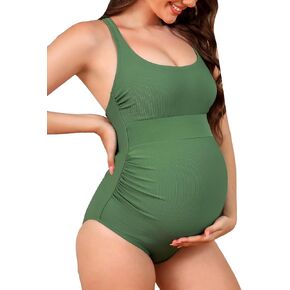 CUPSHE Women's One Piece Swimsuit Maternity Bathing Suit Scoop Neck Ribbed Crisscross Back Self Tie