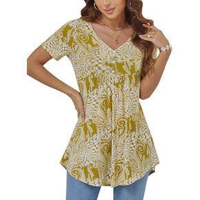 BAISHENGGT Women's Summer Short Sleeve Tops Bavarian Collar Pleated Button Henley Shirt Flared Tunic Shirts XL Wine