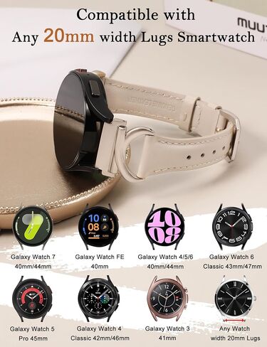 Minyee Leather Band Compatible with Samsung Galaxy Watch 7/6/5/4/FE/Active 2 40mm 44mm/Watch 6 Classic 43mm 47mm/Watch 5 Pro 45mm Bands, 20mm Slim Dressy Leather Strap with C-Shape Metal Buckle Women in Saudi Arabia