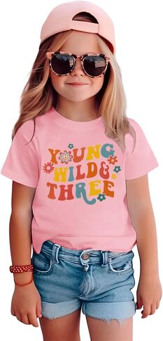 Young Wild and Three Birthday Girls Shirt 3rd Birthday Outfit 3 Year Old Girls Third B-day Party Tshirt Tops in Saudi Arabia