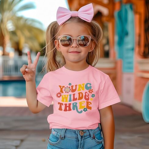 Young Wild and Three Birthday Girls Shirt 3rd Birthday Outfit 3 Year Old Girls Third B-day Party Tshirt Tops in Saudi Arabia