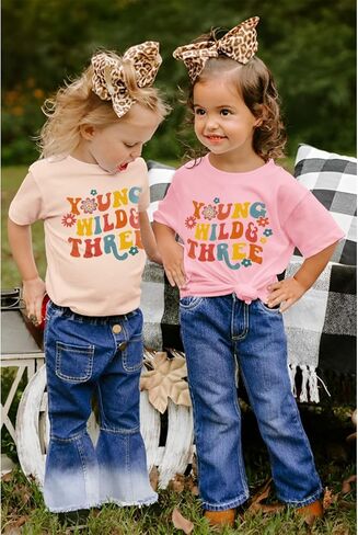Young Wild and Three Birthday Girls Shirt 3rd Birthday Outfit 3 Year Old Girls Third B-day Party Tshirt Tops in Saudi Arabia