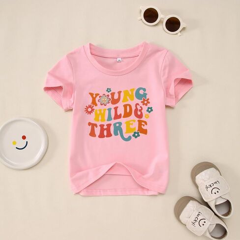 Young Wild and Three Birthday Girls Shirt 3rd Birthday Outfit 3 Year Old Girls Third B-day Party Tshirt Tops in Saudi Arabia