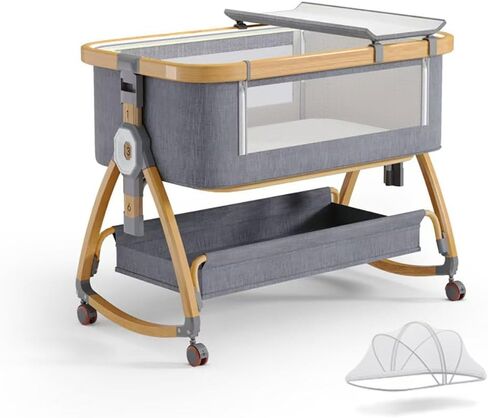 bonbay Baby Bassinet, Bedside Bassinet for Baby, 4 in 1 Portable Bassinet Bedside Sleeper with Wheels Mosquito Net & Storage Basket, 6 Height Adjustable Rocking Bassinet for Baby Newborn in Kuwait