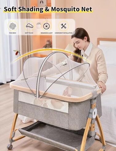 bonbay Baby Bassinet, Bedside Bassinet for Baby, 4 in 1 Portable Bassinet Bedside Sleeper with Wheels Mosquito Net & Storage Basket, 6 Height Adjustable Rocking Bassinet for Baby Newborn in Kuwait
