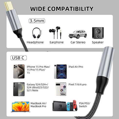 USB-C to 3.5mm Headphone Jack Adapter, Type-C to 3.5mm Aux Adapter Compatible with iPhone 15/15 Pro/15 Pro Max/15 Plus, Samsung Galaxy S22/S21/S20 Ultra/Note 20 and More (1, Gray) in Saudi Arabia