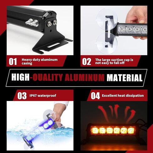 4X 6.1 بوصة أضواء الشرطة القوية في حالات الطوارئ أحمر / أزرق 24 LED مقاوم للماء تحذير المخاطر وامض سلامة داش أمامي / خلفي / جانبي أضواء الزجاج الأمامي للاستجابة الأولى لشاحنات السيارات in Kuwait