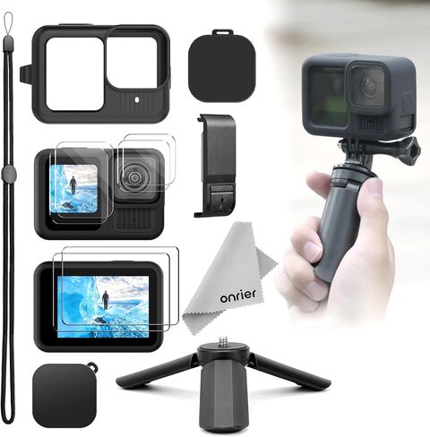 مجموعة الملحقات لجهاز Go Pro 13، حافظة واقية من السيليكون باللون الأسود مع غطاء عدسة + واقي شاشة من الزجاج المقوى + حامل ثلاثي صغير + غطاء جانبي للبطارية + حبل قصير in Saudi Arabia