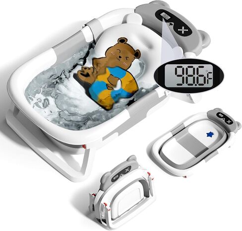 Baby Bathtub with Thermometer for Newborn to Toddler,Collapsible Travel Baby Bath Tub with Soft Cushion,Foldable Baby Bath Tub for Infants 0-24 Months,Brown in Saudi Arabia