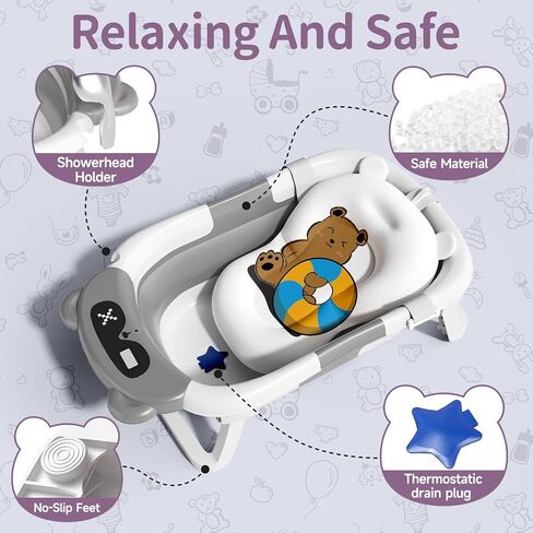 Baby Bathtub with Thermometer for Newborn to Toddler,Collapsible Travel Baby Bath Tub with Soft Cushion,Foldable Baby Bath Tub for Infants 0-24 Months,Brown in Saudi Arabia