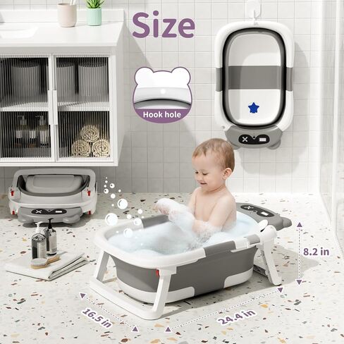 Baby Bathtub with Thermometer for Newborn to Toddler,Collapsible Travel Baby Bath Tub with Soft Cushion,Foldable Baby Bath Tub for Infants 0-24 Months,Brown in Saudi Arabia