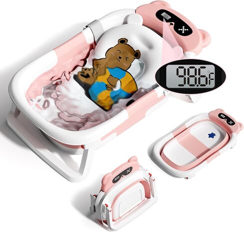 Baby Bathtub with Thermometer for Newborn to Toddler,Collapsible Travel Baby Bath Tub with Soft Cushion,Foldable Baby Bath Tub for Infants 0-24 Months,Brown in Saudi Arabia