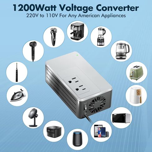 1200Watt Step Down Transformer 220V to 120V for Any American Appliances and Electronics, ideal for Hair Dryer, Straightener Curling Iron, Coffee Maker, Travel Power Plug Adapter US to EU/UK/AU/Asia in Saudi Arabia