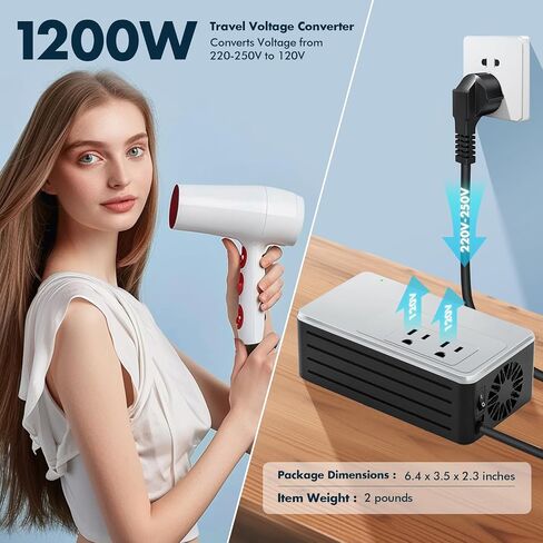 1200Watt Step Down Transformer 220V to 120V for Any American Appliances and Electronics, ideal for Hair Dryer, Straightener Curling Iron, Coffee Maker, Travel Power Plug Adapter US to EU/UK/AU/Asia in Saudi Arabia