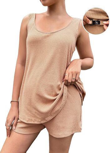 OYOANGLE Women's Maternity 2 Piece Outfits Ribbed Scoop Neck Tank Top and Adjustable Waist Shorts Set in Saudi Arabia