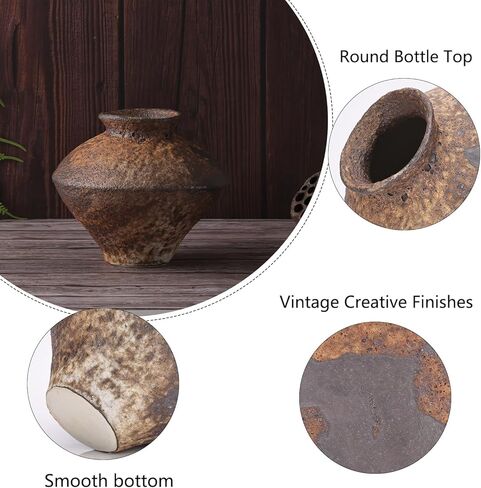 Small Stone Vase for Rustic Home Decor, Farmhouse Antique Pottery Vase Furniture&Table Flower Decorative, Round Terracotta Vase for Living Room Decor, Modern Rustic Concrete Clay Art Vases in Kuwait