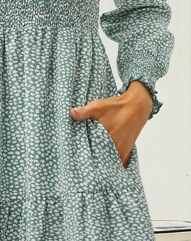 Zattcas Womens Spring Dresses 2026 Casual Long Sleeve Smocked Boho Floral Tiered Midi Wedding Guest Dress with Pockets in Kuwait