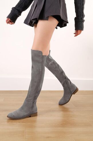 Shoe'N Tale Thigh High Over The Knee Boots for Women Flat Low Heel Fall Winter Stretch Suede Long Round Toe Boots in Kuwait