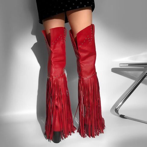 richealnini Fringe Thigh High Boots with Tassels Western Cowboy Boots Zip Up Wide Calf Sock Booties in Saudi Arabia