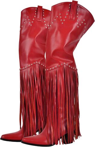 richealnini Fringe Thigh High Boots with Tassels Western Cowboy Boots Zip Up Wide Calf Sock Booties in Saudi Arabia