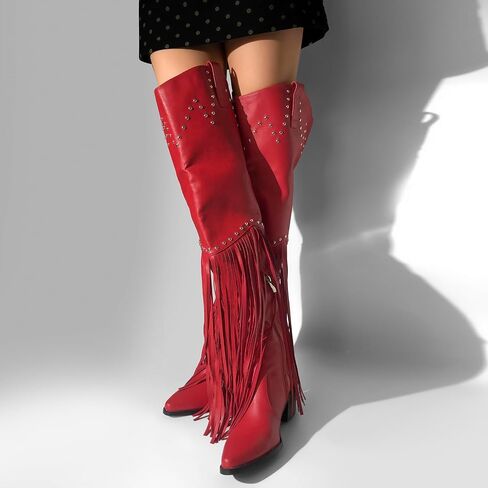 richealnini Fringe Thigh High Boots with Tassels Western Cowboy Boots Zip Up Wide Calf Sock Booties in Saudi Arabia