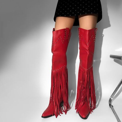 richealnini Fringe Thigh High Boots with Tassels Western Cowboy Boots Zip Up Wide Calf Sock Booties in Saudi Arabia