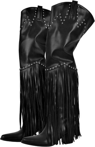 richealnini Fringe Thigh High Boots with Tassels Western Cowboy Boots Zip Up Wide Calf Sock Booties in Saudi Arabia
