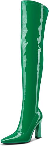 Aachcol Womens Patent Leather Fashion Over The Knee High Boots Chunky Block High Heel Thigh High Boots Pointed Toe Zipper Sexy High Heel Long Boots in Kuwait
