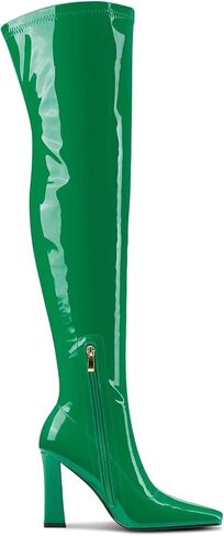 Aachcol Womens Patent Leather Fashion Over The Knee High Boots Chunky Block High Heel Thigh High Boots Pointed Toe Zipper Sexy High Heel Long Boots in Kuwait