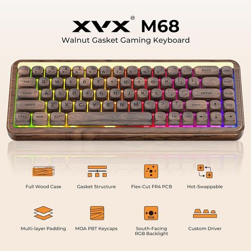 XVX M68 Retro Gaming Keyboard with Walnut Wood, 60% Percent Gasket Mechanical Keyboard, Pre-lubed POM Switches Creamy Gaming Keyboard, Hot Swappable Custom Keyboard, RGB Backlit, Cherry Profile in Saudi Arabia