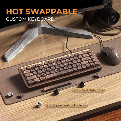 XVX M68 Retro Gaming Keyboard with Walnut Wood, 60% Percent Gasket Mechanical Keyboard, Pre-lubed POM Switches Creamy Gaming Keyboard, Hot Swappable Custom Keyboard, RGB Backlit, Cherry Profile in Saudi Arabia
