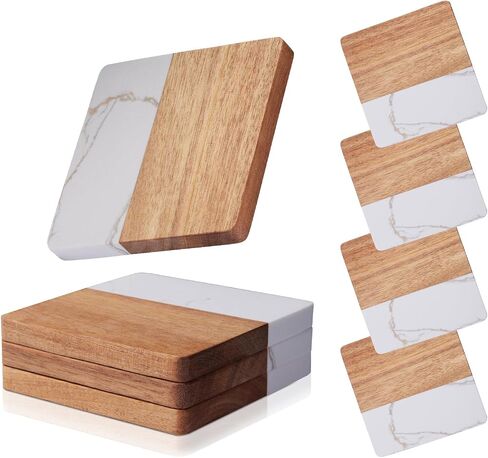 Coasters Set of 4 for Drinks,Marble-Wood Spliced Coaster for Tabletop Protection,Cup Holder Coasters for Multiple Cup Types,Coaster Set Gifts for Home Warmth in Saudi Arabia