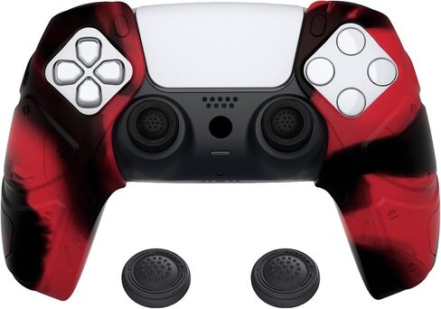 PlayVital Mecha Edition باللونين الأحمر والأسود، مقابض سيليكون ناعمة مريحة لوحدة التحكم لجهاز PS5، وأغطية حماية مطاطية مع أغطية عصا التحكم لجهاز PS5 - متوافقة مع محطة الشحن in Kuwait