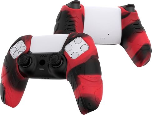 PlayVital Mecha Edition باللونين الأحمر والأسود، مقابض سيليكون ناعمة مريحة لوحدة التحكم لجهاز PS5، وأغطية حماية مطاطية مع أغطية عصا التحكم لجهاز PS5 - متوافقة مع محطة الشحن in Kuwait
