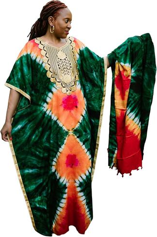 Tiedye embroidery Kaftan with scarf Maxi Onesize Freesize Plus size SwimBeach coverup Casual LoungeGown Maternity dress in Saudi Arabia