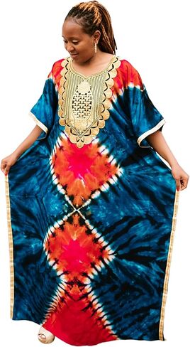 Tiedye embroidery Kaftan with scarf Maxi Onesize Freesize Plus size SwimBeach coverup Casual LoungeGown Maternity dress in Saudi Arabia