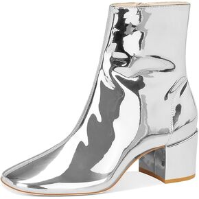Women's Chunky Low Heel Ankle Boots with Zipper, Shiny Round Toe Comfy 2.4 Inch Heels Trendy Closed Toe Booties for Fashion Forward Women