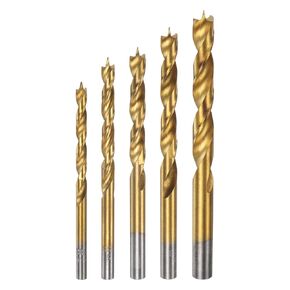 HARFINGTON Brad Point Drill Bit Set 4/5/6/8/10mm Dia Straight Round Shank Drill Metric Brad Point Spiral Twist Drill Bits for Carpenter Woodworking Plastic Rubber, Golden 5in1 Set