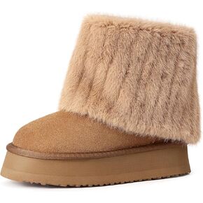 Pasuot Platform Fur Boots for Women - Genuine Cow Suede Platform Furry Faux Fur Boots, Fuzzy Fleece Lined Ankle Boots, Warm Winter Classic Short Mini Bootie for Indoor Outdoor, Anti-slip Sole