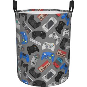 Video Game Mosaic Background Round Laundry Hamper Storage Basket Toys Clothes Organizer Bin For Home Bathroom Bedroom Dorm Nursery, 62l