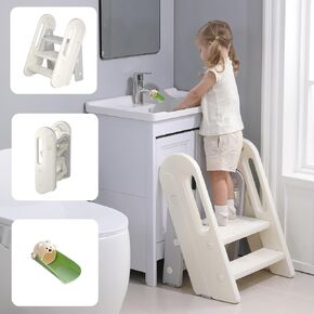 Toddler Step Stool for Bathroom Sink Kids Foldable Toilet Potty Training Stool Adjustable 3 to 2 Stool with Handrail Baby Kitchen Helper Children Step Ladder with Non-Slip Pads, Khaki