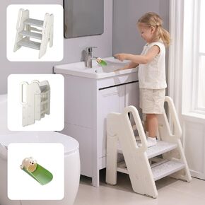 Foldable Step Stool for Kids Adjustable 3 to 2 Stool for Bathroom Sink Toddler Toilet Potty Training Stool Baby Kitchen Stool Children Step Ladder with Non-Slip Pads, Green