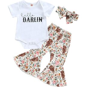 Western Baby Girl Clothes Letter Print Short Sleeve Romper Cow Print Flare Pants Headband 3Pcs Summer Outfits Set