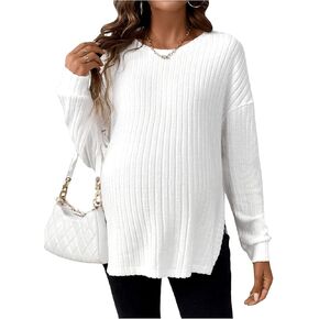 MakeMeChic Women's Maternity Tee Shirt Long Sleeve Round Neck Split Hem Rib Knitted Pregnancy Tops