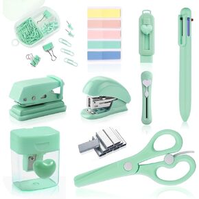 Purple Mini Office Supply Kit Mini School Supplies Desk Accessory Set Includes Mini Stapler Pencil Sharpener Staple Remover Hole Punch Ballpoint Pen Scissor Box Cutter Paper Clips Sticky Index Tabs