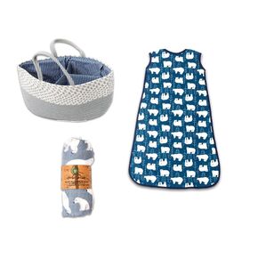 Caddy Basket Baby Bundle - Baby Gift Set - Gender Neutral Baby Gift - Includes: Reusable Caddy Basket, Polar Bear Muslin and Sleeping Bag - This is My Bag