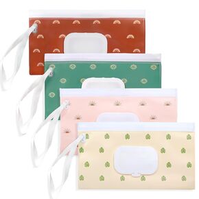 Wipes Dispenser, Portable Baby Wipe Case, Reusable Travel Wipe Holder, Refillable Baby Wipes Container, Keeps Wipes Fresh, On The Go Wipe Pouch for Indoor & Outdoor Using, 4 Pack
