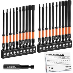 Impact 4" Long Allen Wrench Drill Bit Set Hex Bit Set 20pcs (Metric&SAE), 1/4" Hex-Shank S2 Steel Hex Head, CNC Machined Tips with Magnetism, with Extension Socket and Storage Box